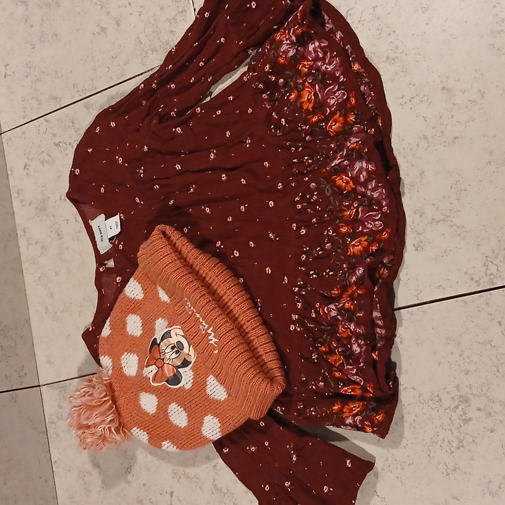 Old Navy Burgundy Floral Dress And Disney Hat